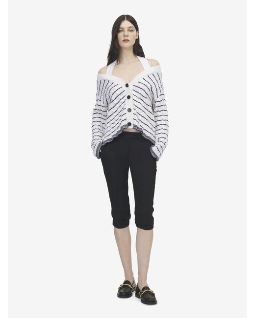 McQueen White Off-The-Shoulder Striped Cardigan