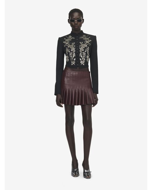 McQueen Red Leather Pleated Mini Skirt