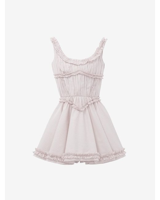 McQueen Pink Pleated Ruffle Pinstripe Mini Dress