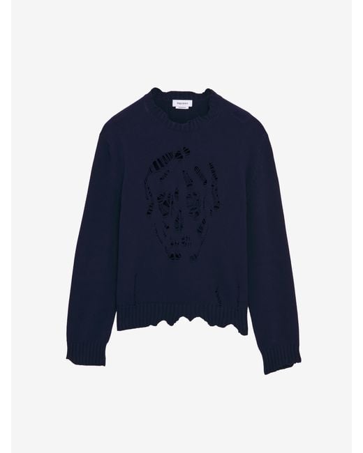 McQueen Blue Distressed Skull Jumper for men