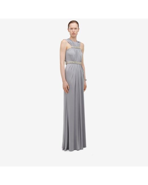 Alexander McQueen Gray Silver Gathered Cape Evening Dress