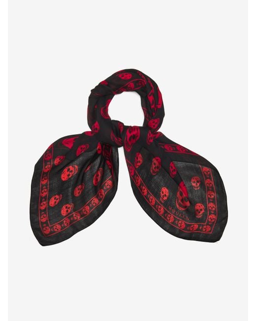 Alexander McQueen Red Skull-Print Fringed Scarf for men