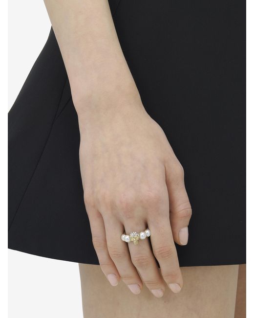 McQueen White Skull And Pearl Ring