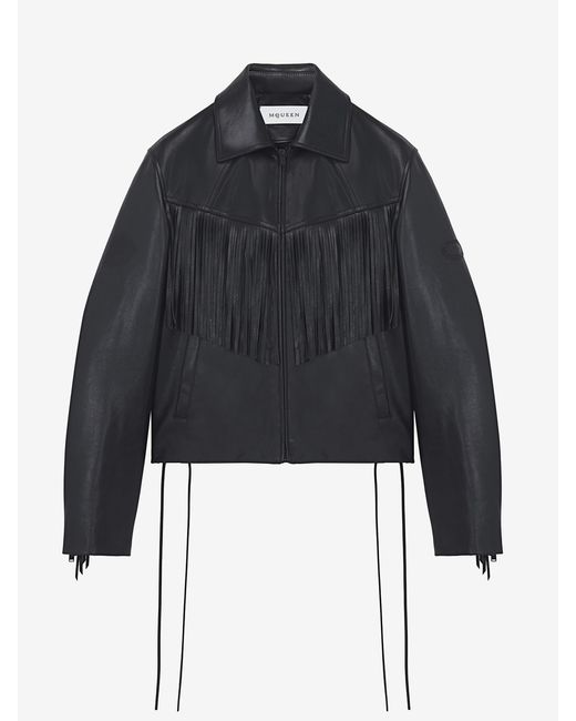 McQueen Blue Fringe Leather Jacket for men