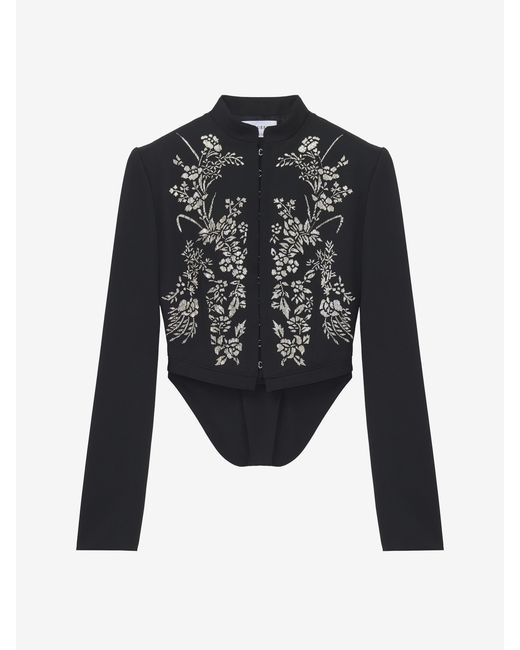 McQueen Black Floral Embroidery Cropped Jacket