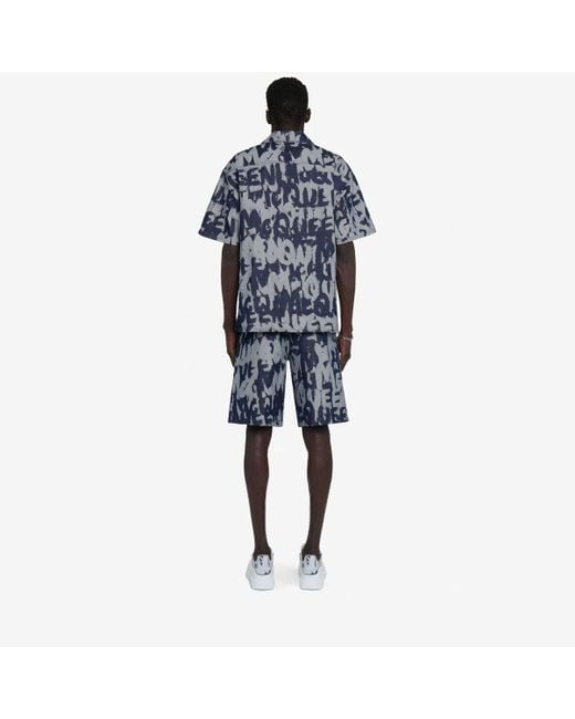 Alexander McQueen Blue Denim All-over Print Short-sleeve Shirt for men