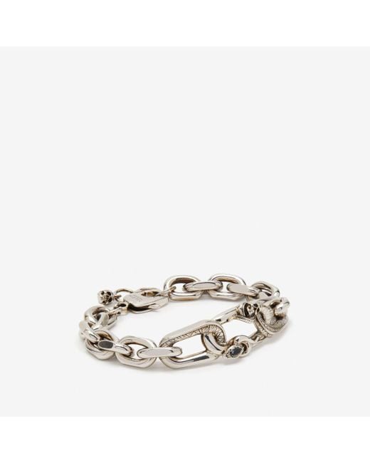 Alexander McQueen Metallic Silver Snake & Skull Chain Bracelet for men