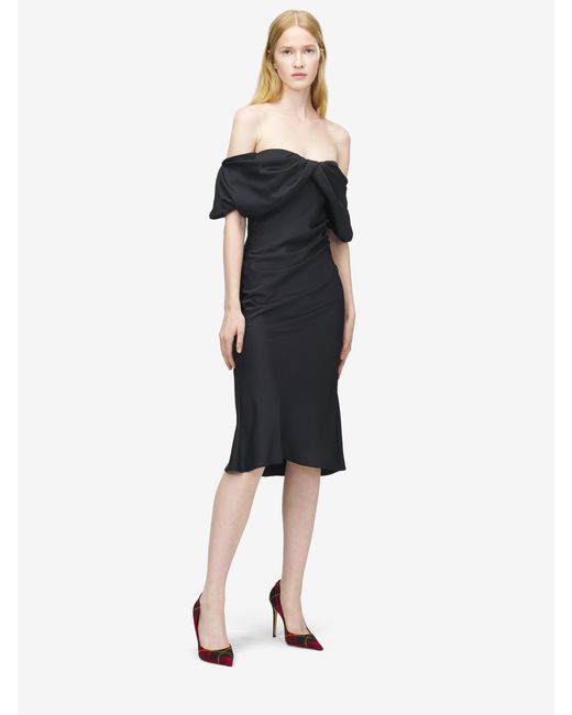 McQueen Black Off-The-Shoulder Draped Evening Dress