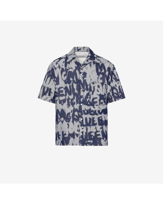 Alexander McQueen Hawaii-hemd aus denim mit mcqueen graffiti-motiv in Blue für Herren