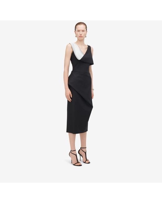 Alexander McQueen Black & Silver Pinstripe Asymmetric Pencil Dress