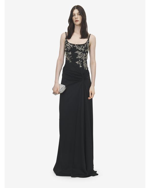 McQueen White Floral Embroidery Evening Dress