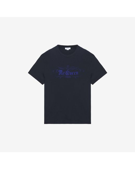Alexander McQueen Blue Mcqueen Script Print T-Shirt for men