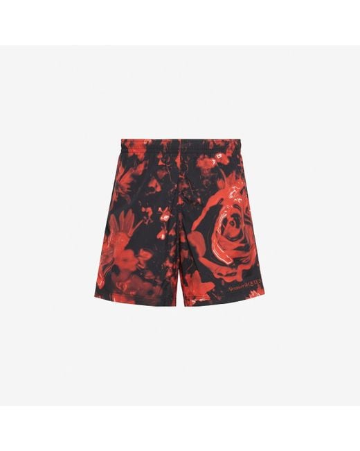 Alexander McQueen Red Black Wax Flower Swim Shorts for men