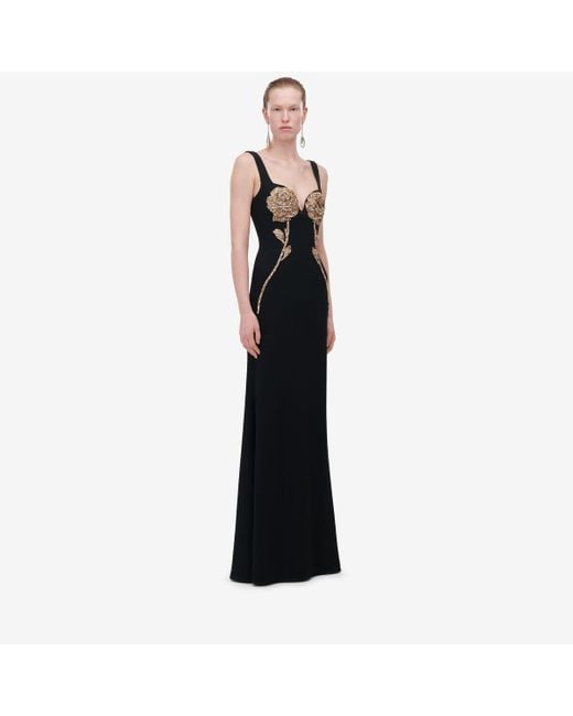 Alexander McQueen Black Gold Rose Embroidery Evening Dress