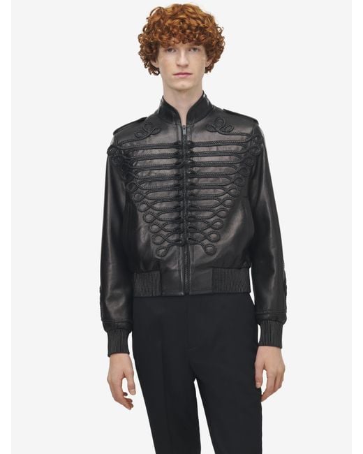 McQueen Gray Frogging Embroidery Leather Jacket for men