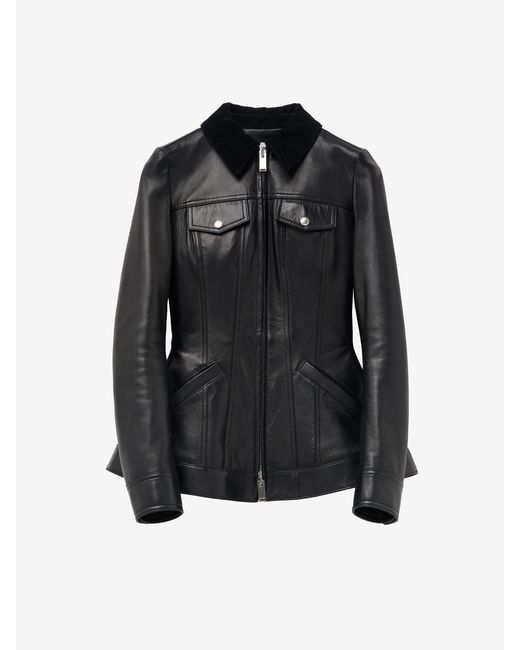 McQueen Black Peplum Corduroy-Trimmed Leather Jacket