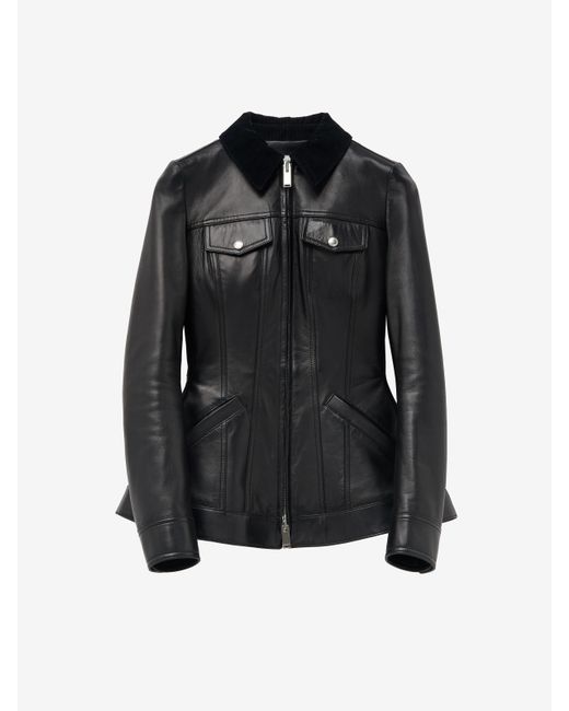 Alexander McQueen Black Peplum Corduroy-Trimmed Leather Jacket