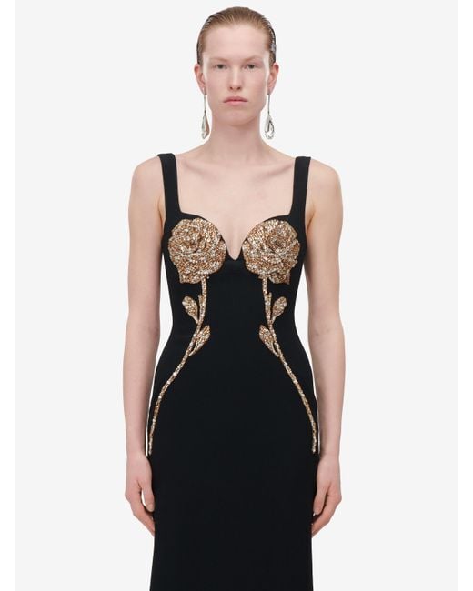 Alexander McQueen Black Gold Rose Embroidery Evening Dress