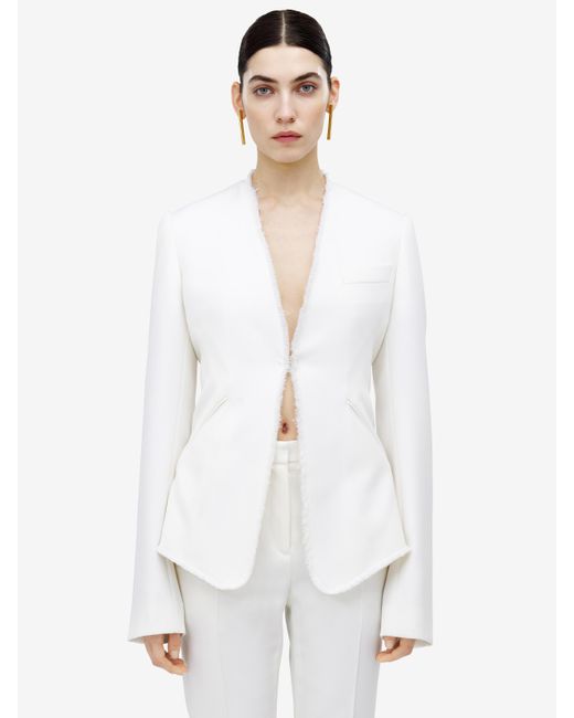 Alexander McQueen White Frayed Wool Gabardine Blazer