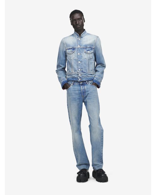 McQueen Blue Stand Collar Denim Jacket for men