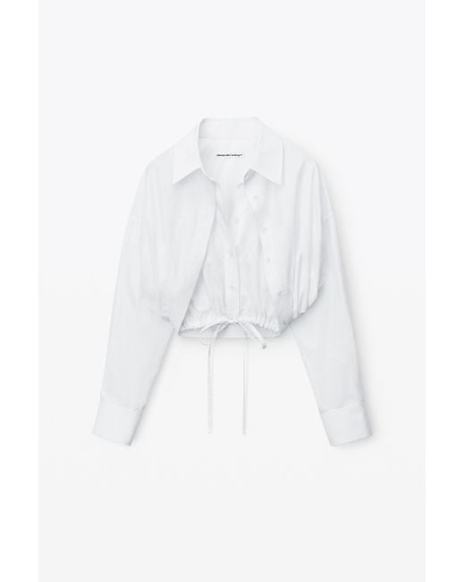 Alexander Wang White Double Layered Cropped Shirt In Compact Cotton With Tie Waistband