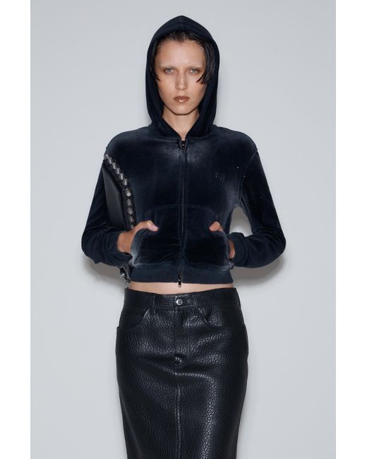 Alexander Wang Black Hoodie With Clear Bead Hotfix In Crushed Velour