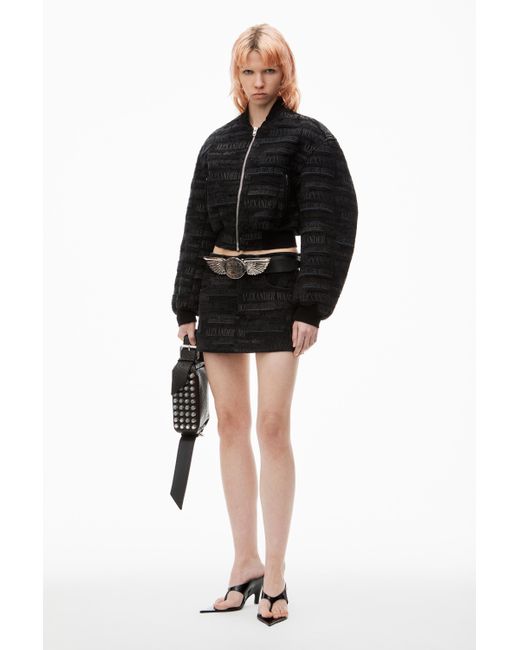 Alexander Wang Black Newsprint Logo-embroidered Bomber Jacket In Denim