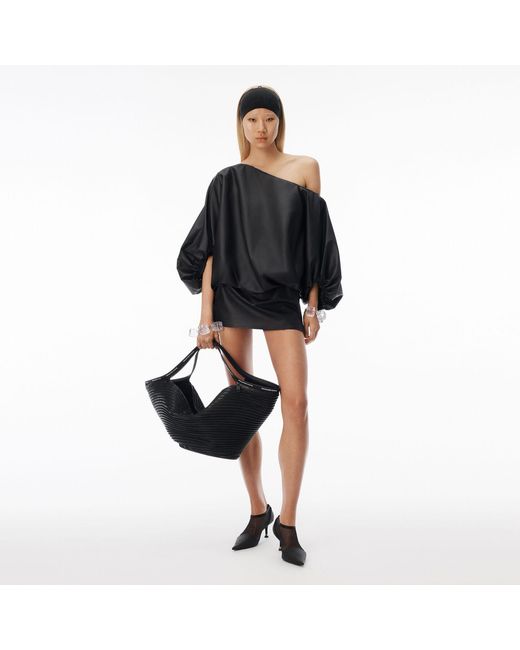 Alexander Wang Black Leather Gathered Off Shoulder Mini Dress