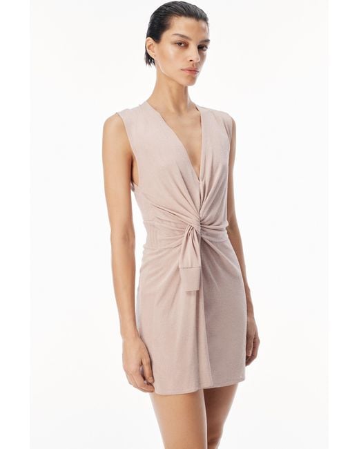Alexander Wang Natural Crystal Hotfix Knotted Deep V-Neck Tank Dress