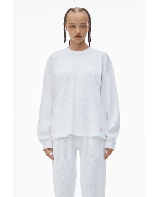 Alexander Wang White Crystal Hotfix Crewneck Long-sleeve Tee In Waffle Knit