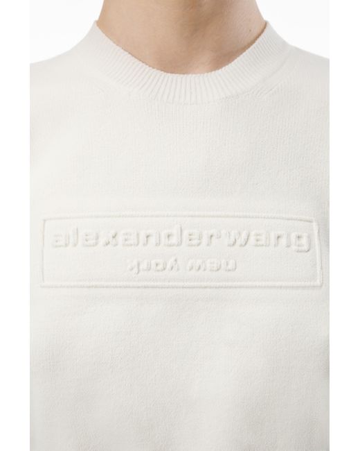 Alexander Wang White Logo Embossed Short Sleeve Ribbed Pullover In Soft Chenille