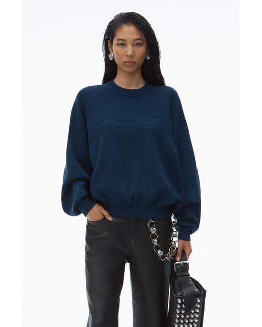 Alexander Wang Blue Logo Embossed Ribbed Pullover In Soft Chenille