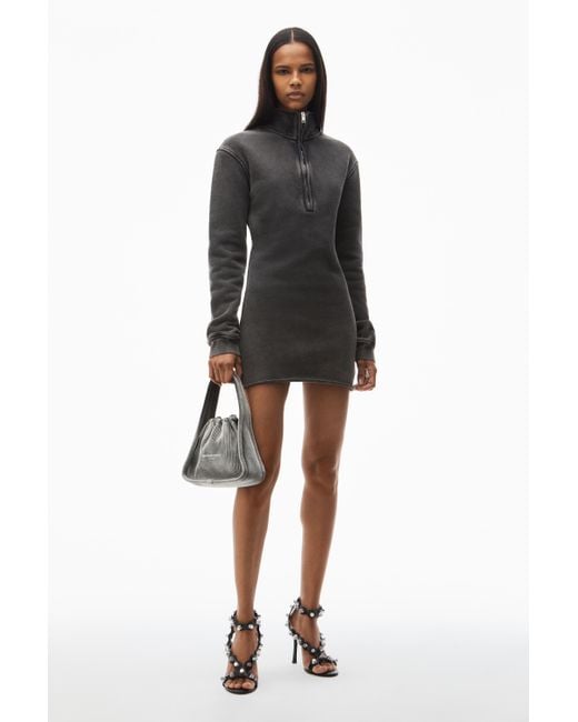 Alexander Wang Black Quarter Zip Minidress In Cotton Terry