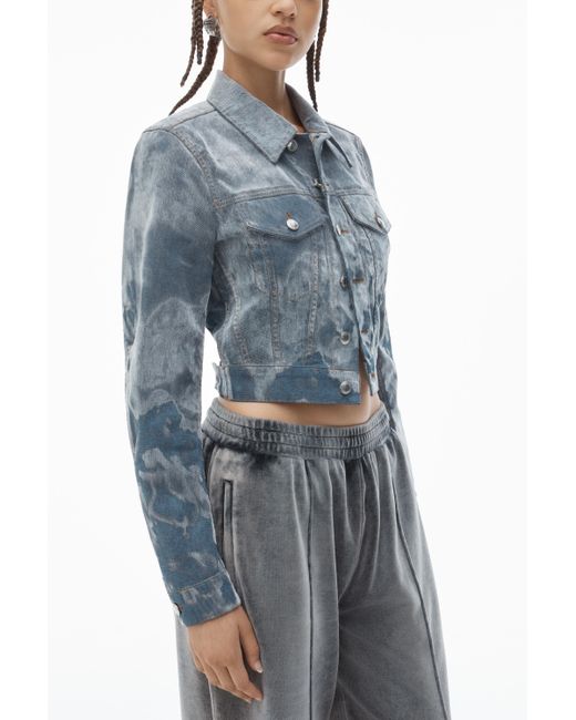 Alexander Wang Blue Slim Flocked Trucker Jacket With Lasered Cloud Print