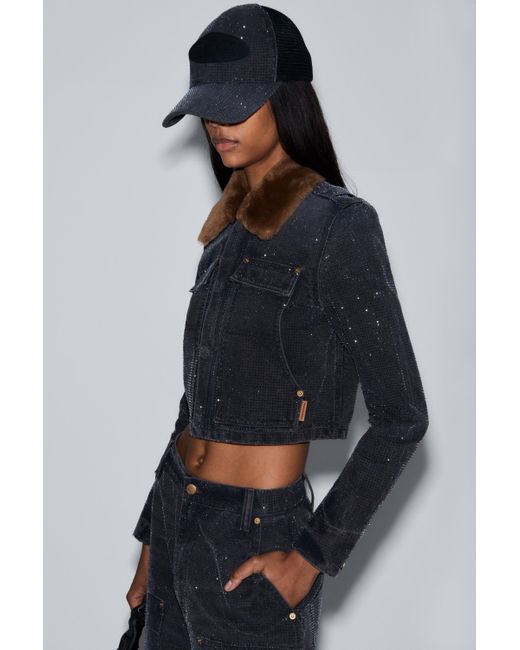 Alexander Wang Black Crystal Hotfix Shrunken Workwear Jacket In Cotton