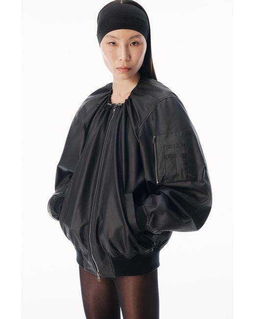 Alexander Wang Blue Leather Scoop Neck Bomber Jacket