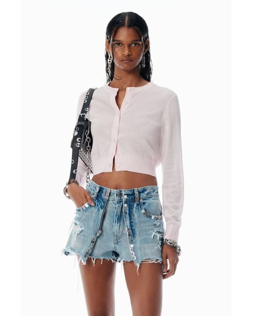 Alexander Wang Pink Cropped Crewneck Cardigan W/ Clear Bead Hotfix