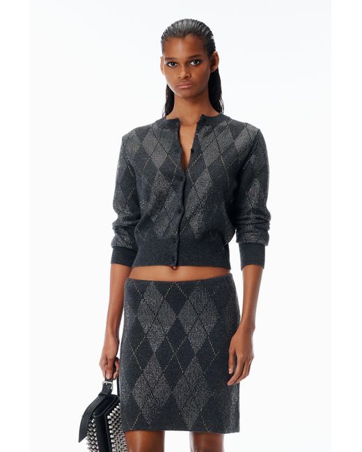 Alexander Wang Black Crystal Hotfix Wool-Blend Argyle Cardigan