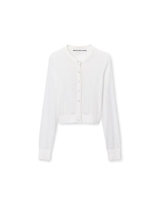 Alexander Wang White Cropped Crewneck Cardigan W/ Clear Bead Hotfix