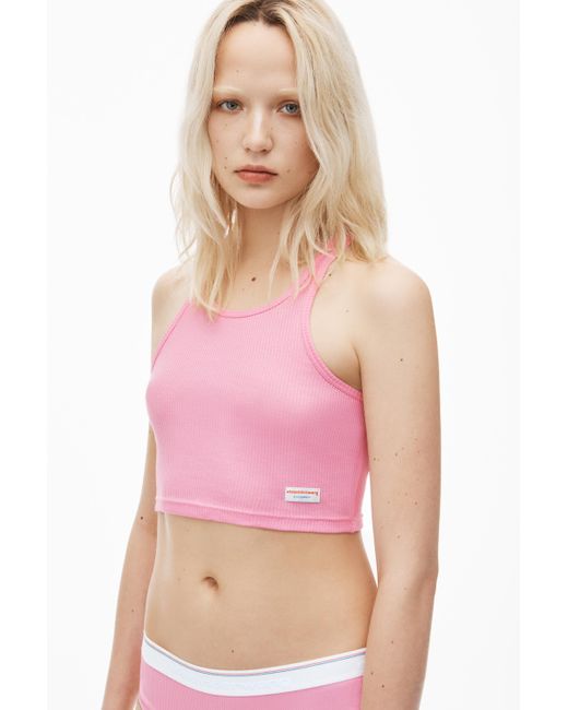 Alexander Wang Pink Cropped Racerback Tank In Ribbed Cotton Jersey