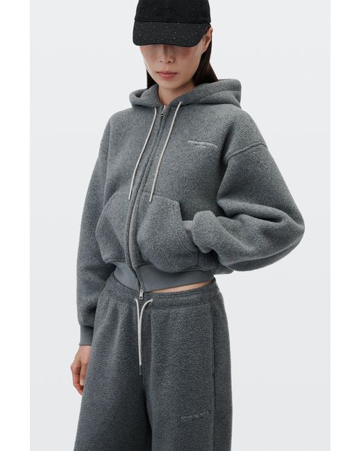 Alexander Wang Gray Fleece Crystal Drawcord Shrunken Zip-Up Hoodie
