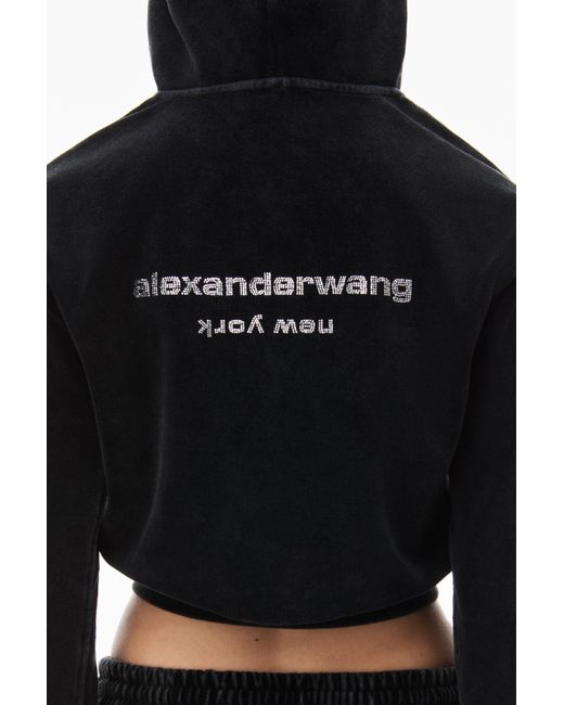 Alexander Wang Black Shrunken Zip Up Velour Hoodie W/ Dragon Crystal Hotfix