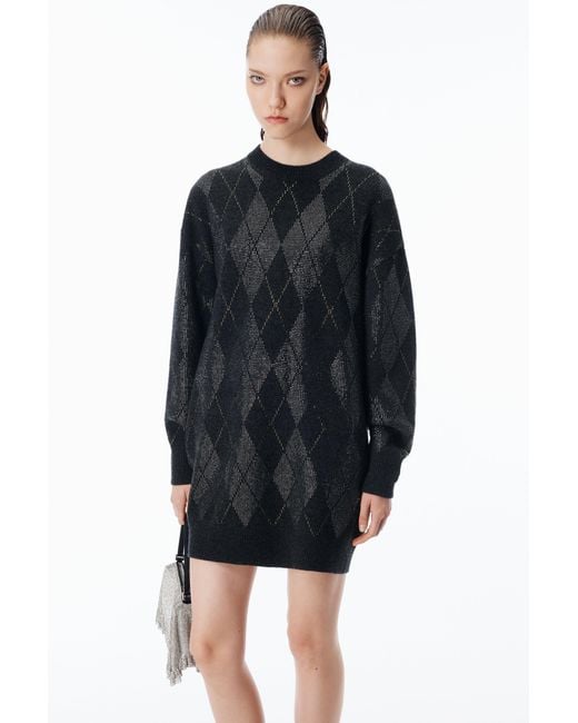 Alexander Wang Black Crystal Hotfix Argyle Wool-Blend Dress