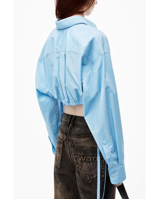 Alexander Wang Blue Cropped Drawstring Blouse In Cotton & Crystal Hotfix Poplin