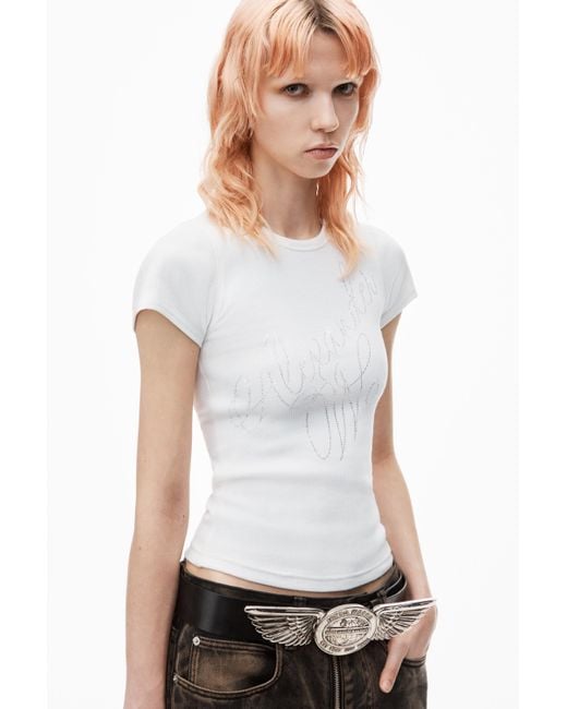 Alexander Wang White Crystal Hotfix Tee In Ribbed Jersey