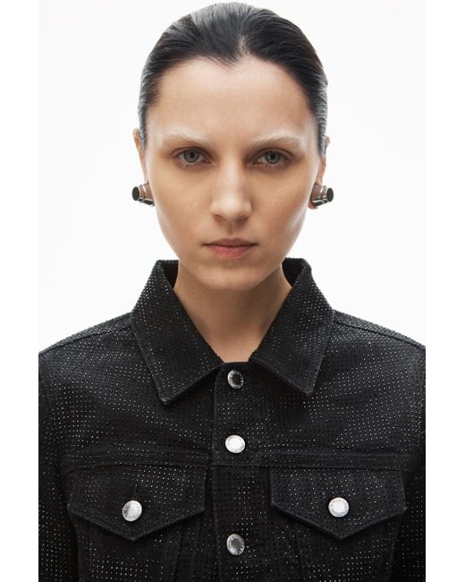 Alexander Wang Black Shrunken Trucker Jacket In Crystal Hotfix Denim