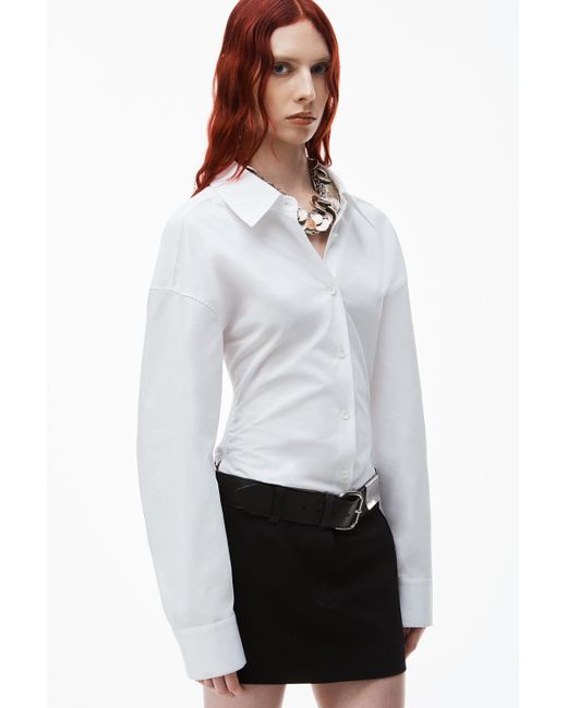Alexander Wang White Cotton Cinched Button Up With Ribbed Trim