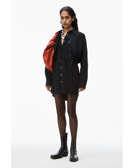 Alexander Wang Black Layered Shirt Dress In Compact Cotton With Self-tie