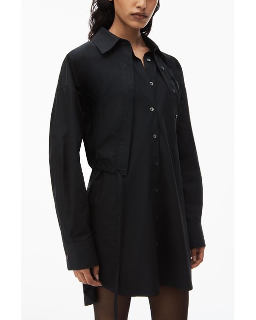 Alexander Wang Black Layered Shirt Dress In Compact Cotton With Self-tie