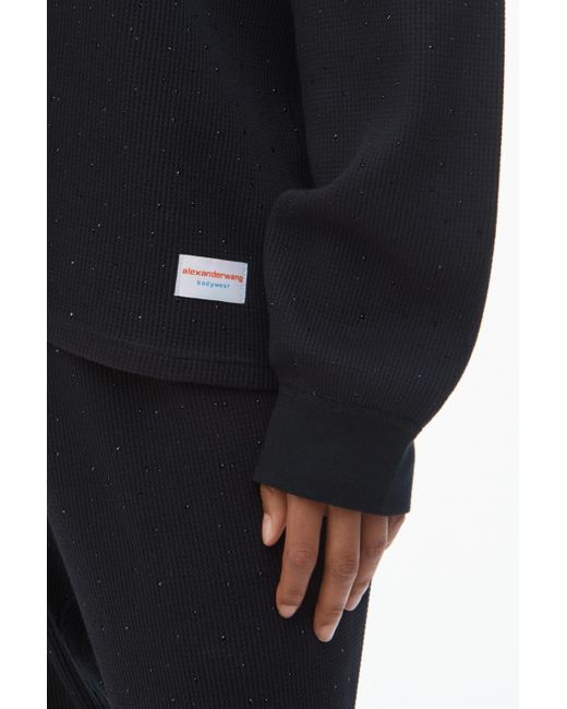 Alexander Wang Blue Crystal Hotfix Crewneck Long-sleeve Tee In Waffle Knit